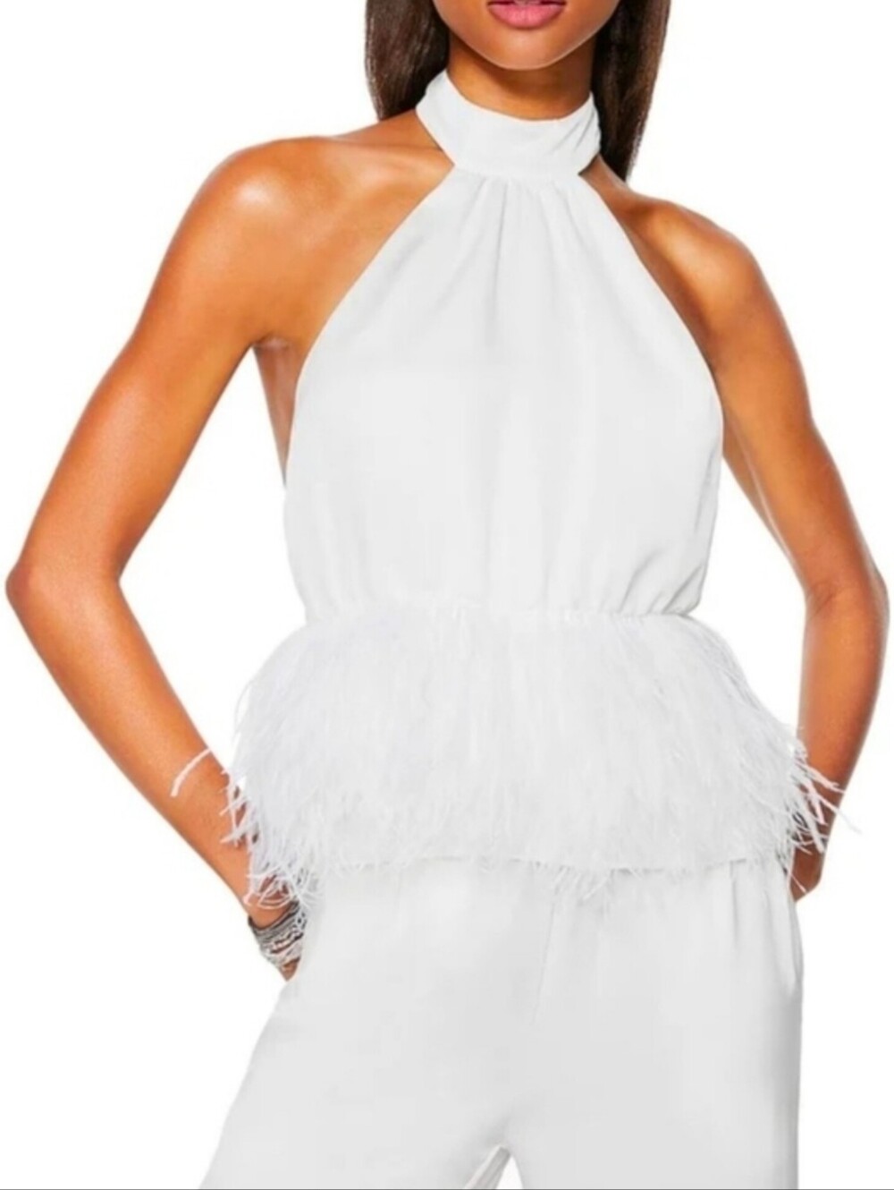 Ramy Brook White Halter Neck Feather-Peplum Blouse